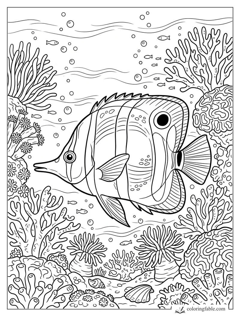 Realistic butterflyfish with striped fins swimming among coral, anemones, bubbles, and tiny reef fish.