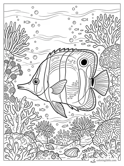 Realistic butterflyfish with striped fins swimming among coral, anemones, bubbles, and tiny reef fish.