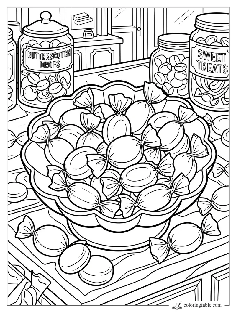 Vintage candy shop bowl filled with wrapped butterscotch drops, jars, labels, and counter sweets