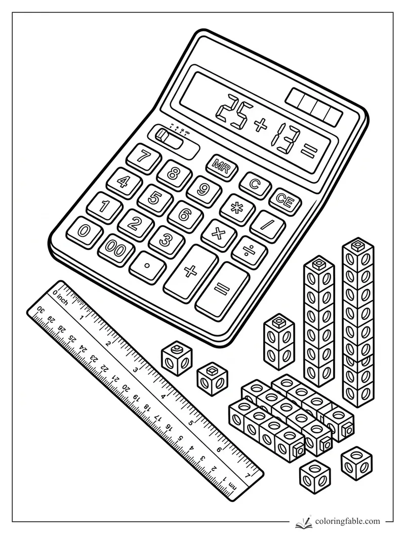 Calculator showing 25 plus 13 beside a ruler and stacked counting cubes for back-to-school math