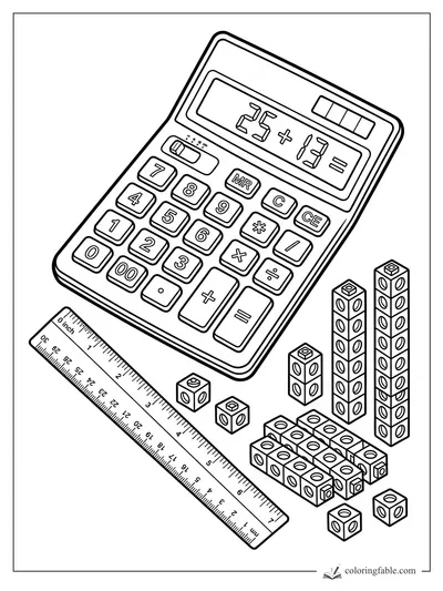 Calculator showing 25 plus 13 beside a ruler and stacked counting cubes for back-to-school math