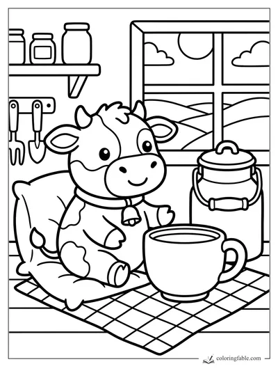 Smiling calf on a pillow with a mug, milk can, window hills, shelf jars, and hanging garden tools
