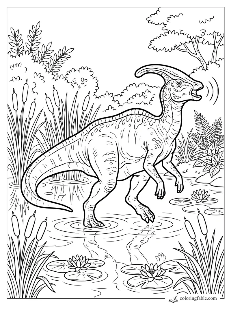 Parasaurolophus calling while wading through a lily pond with cattails and reeds
