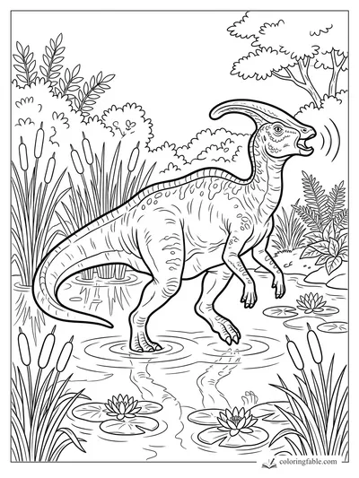 Parasaurolophus calling while wading through a lily pond with cattails and reeds