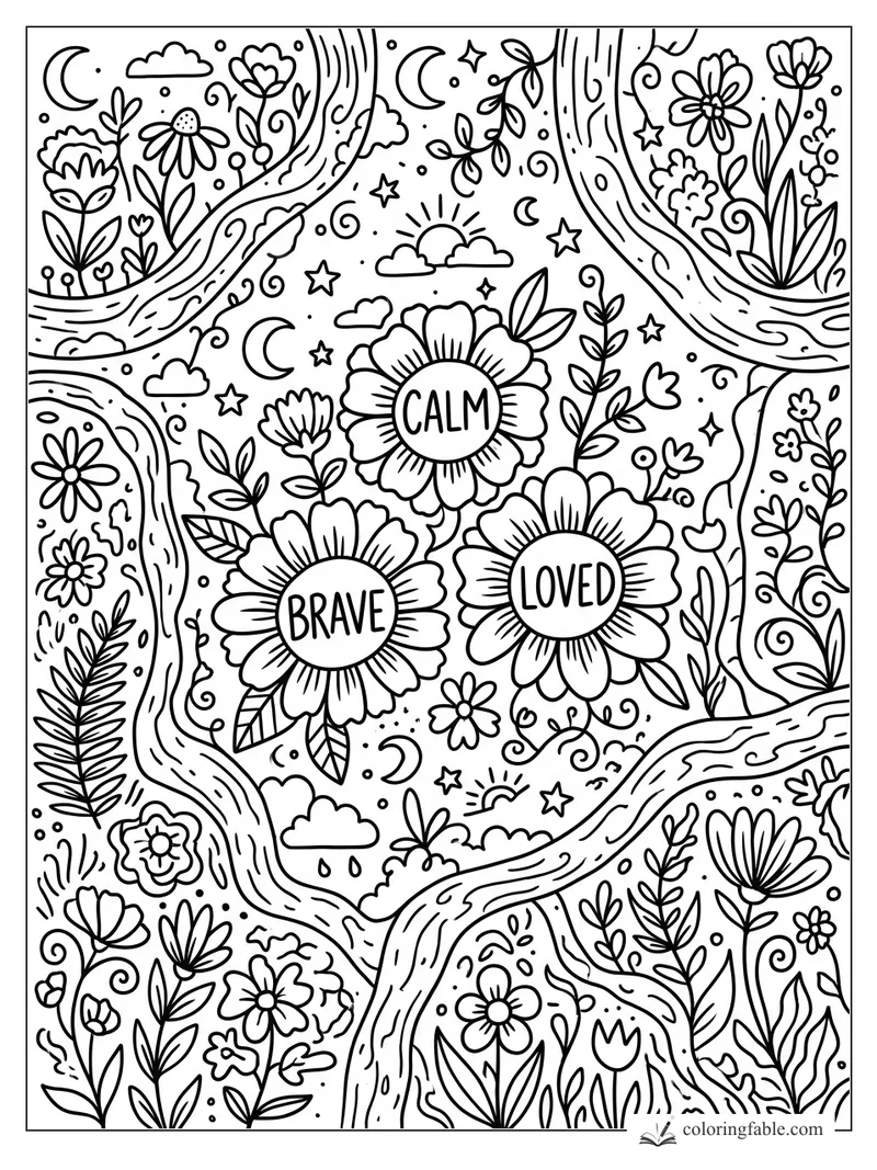 Intricate doodle garden with three affirmation flowers reading Calm, Brave, and Loved among stars and vines.