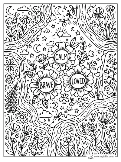 Intricate doodle garden with three affirmation flowers reading Calm, Brave, and Loved among stars and vines.
