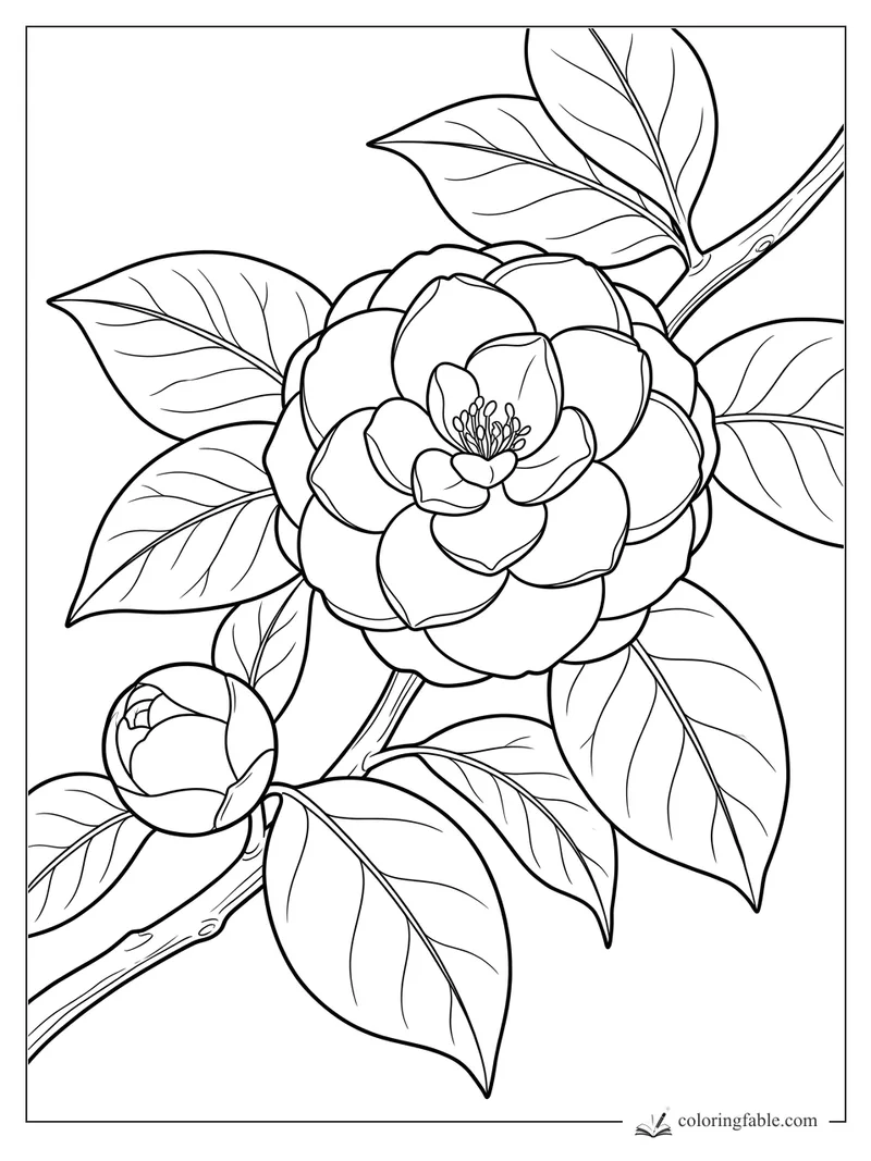 Realistic camellia flower with layered petals, a round bud, veined leaves, and branching stems.