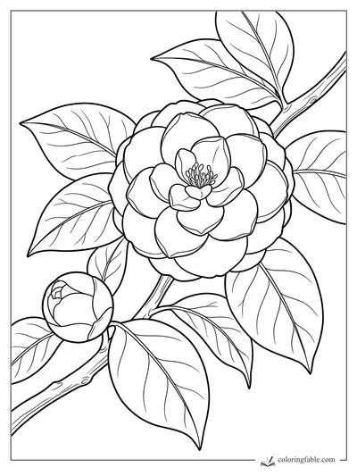 Realistic camellia flower with layered petals, a round bud, veined leaves, and branching stems.