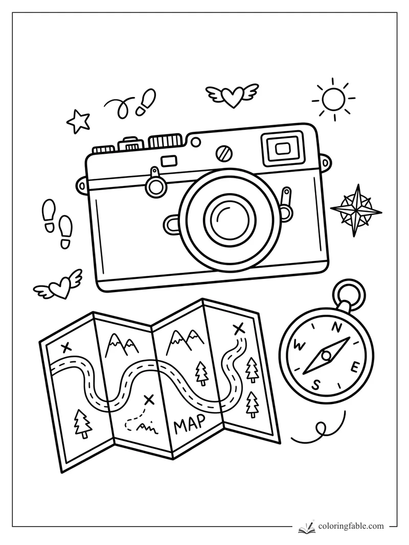 Vacation doodle with camera, folded map, compass, footprints, sun, stars, and winged hearts