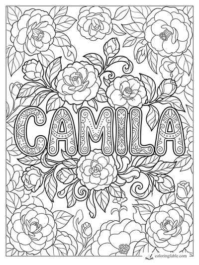 Camila name in patterned block letters surrounded by roses, buds, leaves, and curling vines.