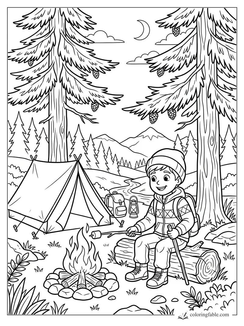 Boy camper roasting a marshmallow by a campfire between pine trees, tent, creek, mountains, and crescent moon.