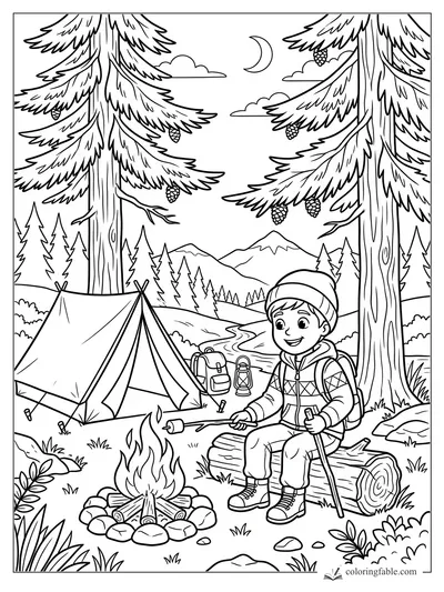 Boy camper roasting a marshmallow by a campfire between pine trees, tent, creek, mountains, and crescent moon.