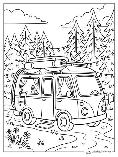 Cartoon camper van with roof gear, string lights, curtains, pine trees, flowers, and a winding campsite path.