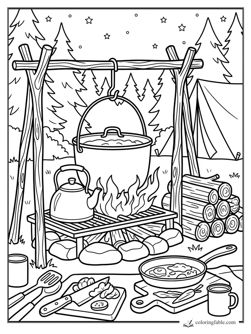 Campfire cooking scene with hanging pot, kettle, skillet, tent, logs, pine trees, and stars