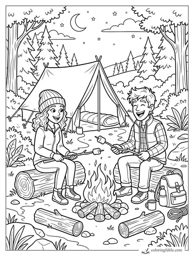 Two campers roast marshmallows by a campfire beside an open tent under a crescent moon and stars.
