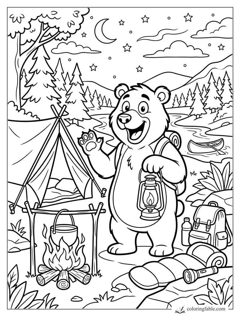 Cartoon bear holding a lantern at a campsite with tent, campfire, canoe, river, mountains, moon and stars.