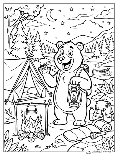 Cartoon bear holding a lantern at a campsite with tent, campfire, canoe, river, mountains, moon and stars.