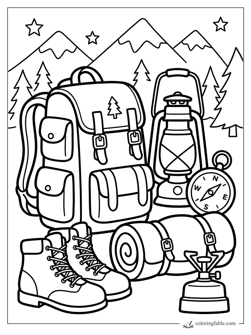 Easy camping gear coloring page with backpack, lantern, compass, boots, sleeping bag, stove, mountains and stars.