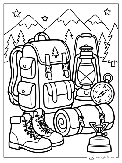 Easy camping gear coloring page with backpack, lantern, compass, boots, sleeping bag, stove, mountains and stars.