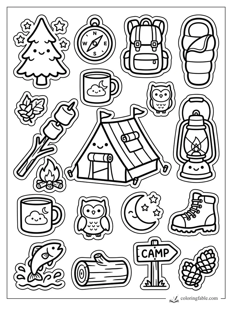 Camping stickers with smiling tent, pine tree, compass, lantern, owls, mugs, boot, fish, and camp sign