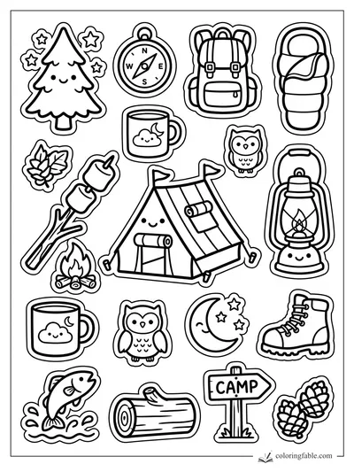 Camping stickers with smiling tent, pine tree, compass, lantern, owls, mugs, boot, fish, and camp sign
