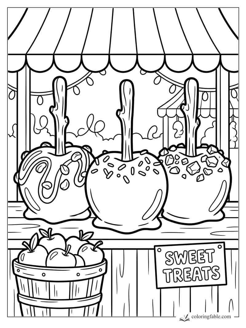 Cartoon fall sweet treats stand with three candy apples, a bushel of apples, awning, lights, and sign.