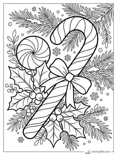 Candy cane and peppermint lollipop with holly berries, pine branches, bow, and snowflakes coloring page