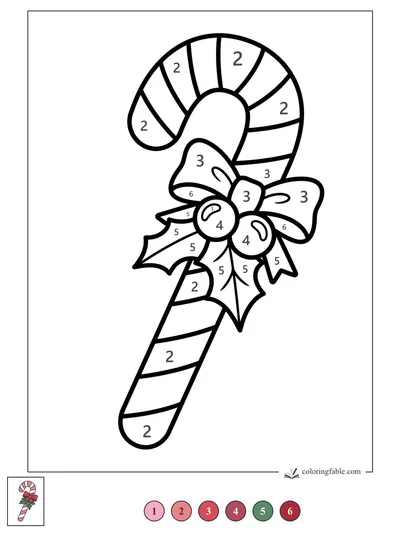 Candy Cane Ornament with Holly Bow — color by number