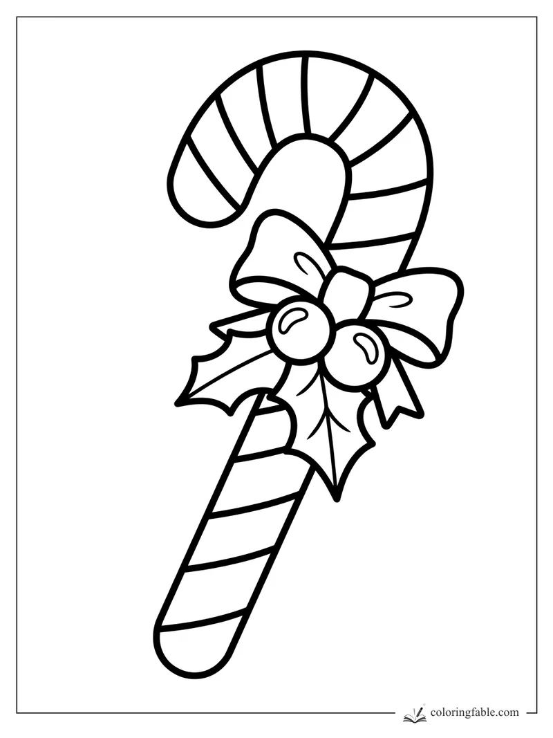Easy candy cane ornament coloring page with striped cane, bow, holly leaves, and two berries.