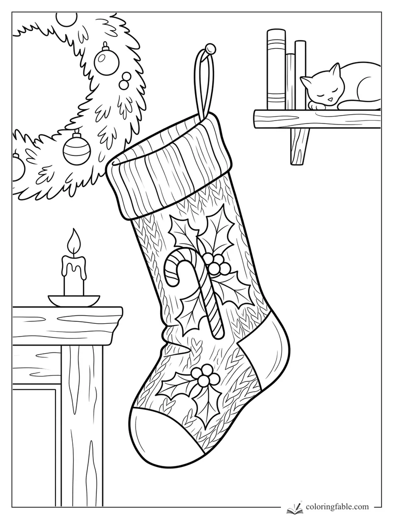 Realistic Christmas stocking with holly, candy cane, candle, tree branch, books, and sleeping cat
