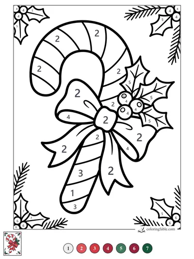Candy Cane with Bow and Holly — color by number