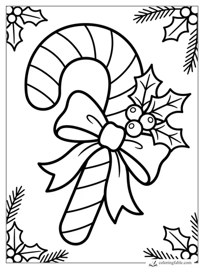 Easy Christmas candy cane coloring page with a big bow, holly leaves, berries, and pine sprigs.