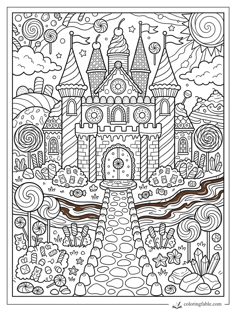 Candy castle coloring page with lollipop sun, gumdrop path, candy river, flags, donuts, and sweets.