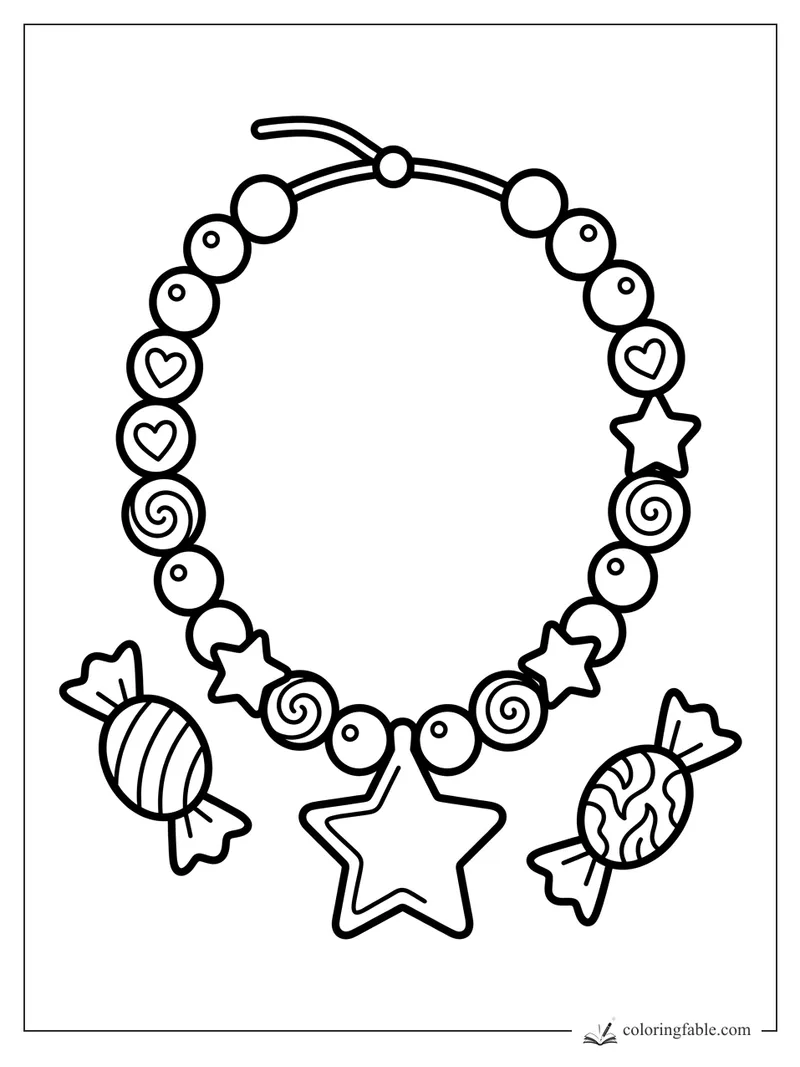 Candy necklace coloring page with round beads, heart charms, spiral candies, stars, and two wrapped sweets