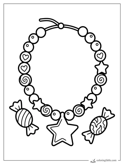 Candy necklace coloring page with round beads, heart charms, spiral candies, stars, and two wrapped sweets