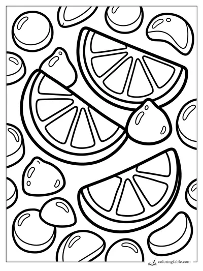 Bold coloring page with candy orange slices, round sweets, gumdrops, and jelly beans