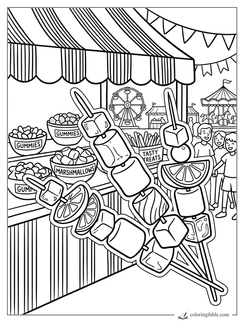Candy kabob stickers in front of gummy and marshmallow bowls at a carnival sweets stand