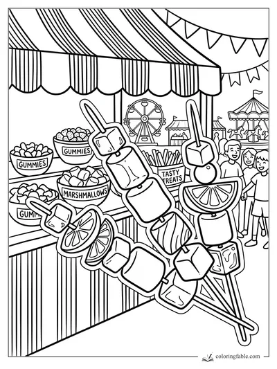 Candy kabob stickers in front of gummy and marshmallow bowls at a carnival sweets stand