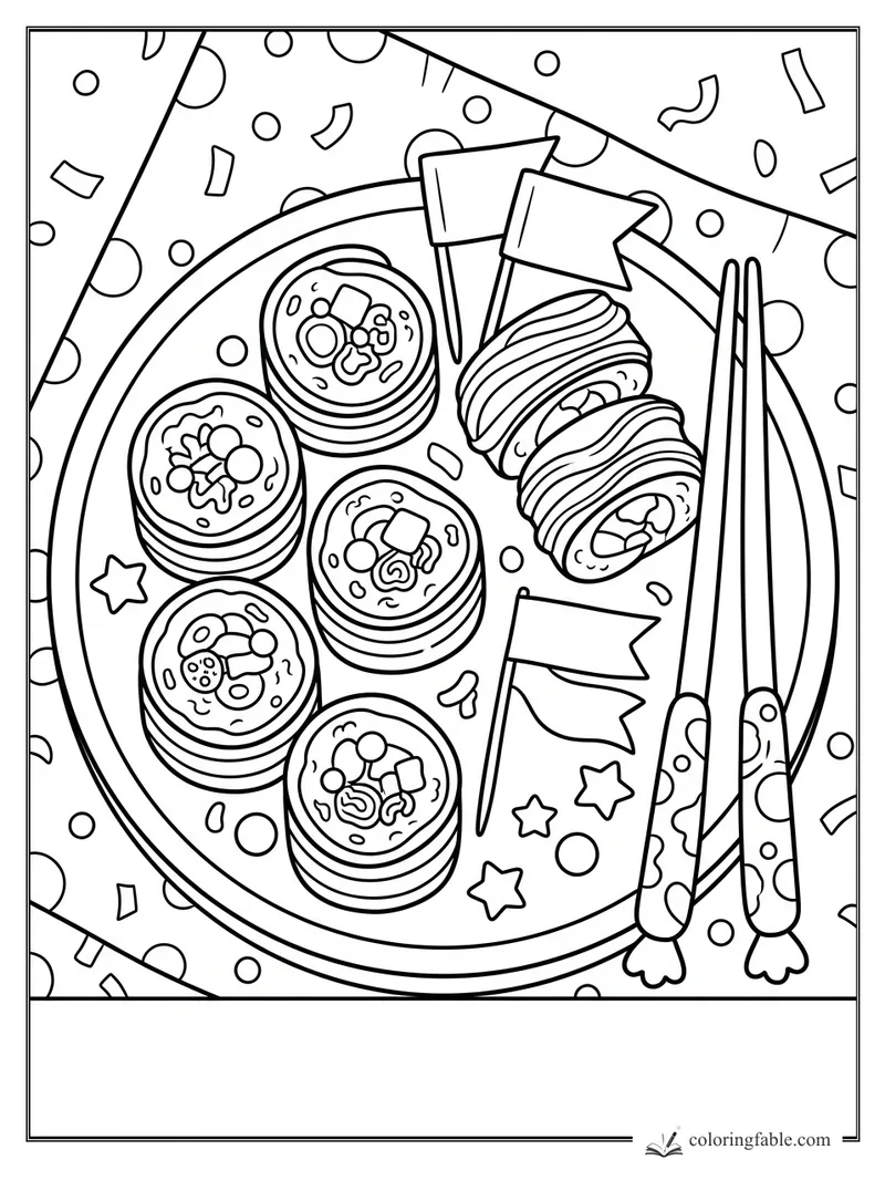 Cartoon candy sushi rolls on a round plate with flags, star sprinkles, chopsticks, and confetti.