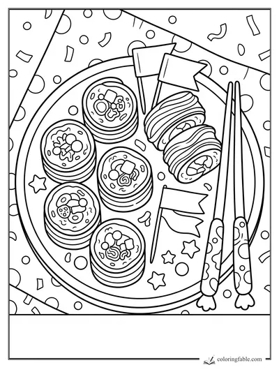 Cartoon candy sushi rolls on a round plate with flags, star sprinkles, chopsticks, and confetti.