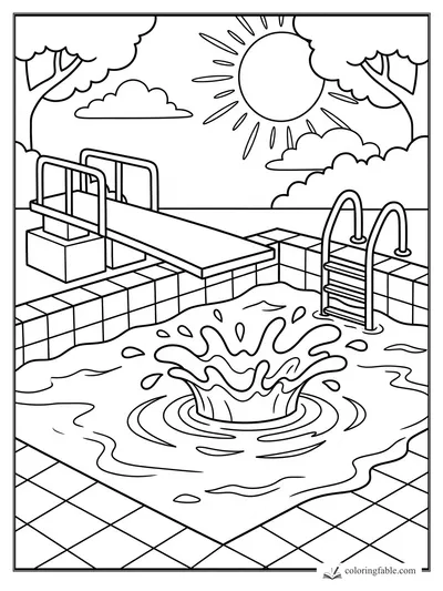 Cartoon swimming pool with diving board, ladder, tiled deck, big splash, trees, clouds, and summer sun.