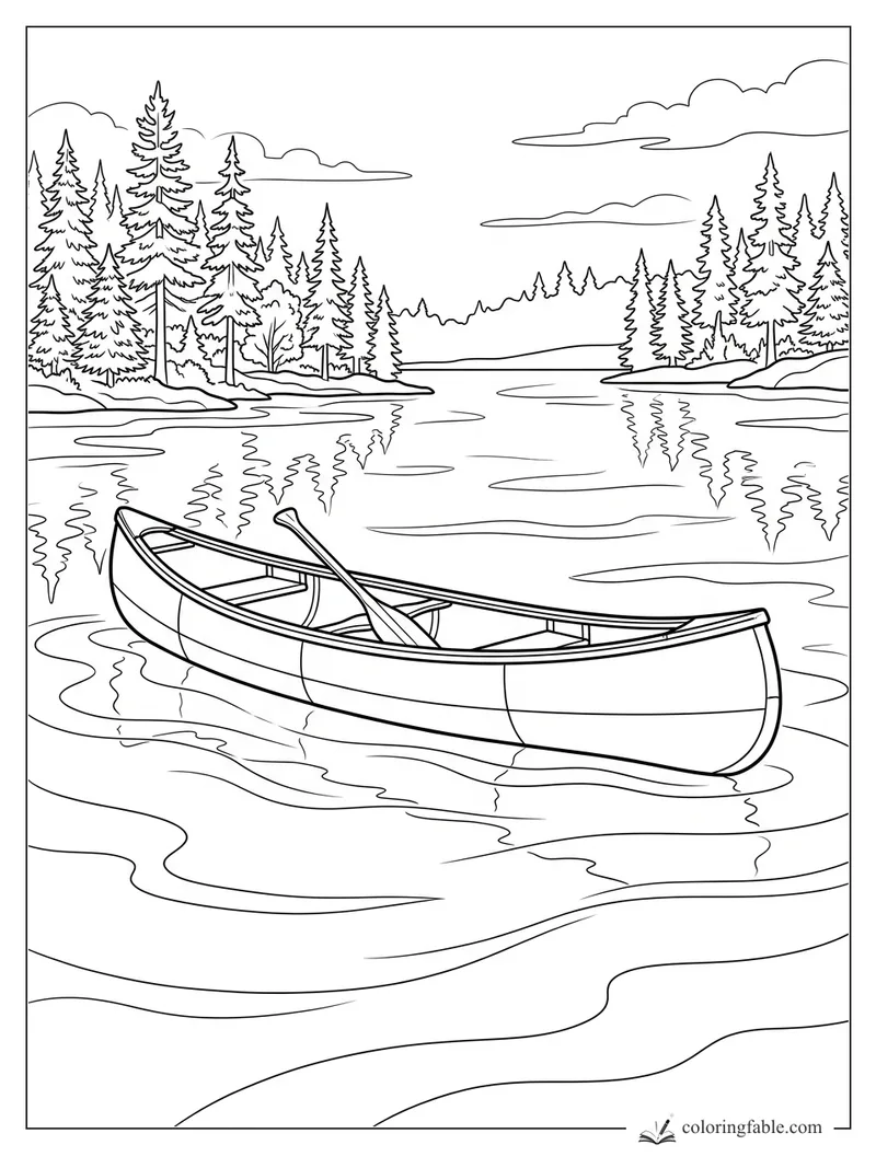 Canoe with a paddle floating on a calm pine lake with tree reflections and clouds