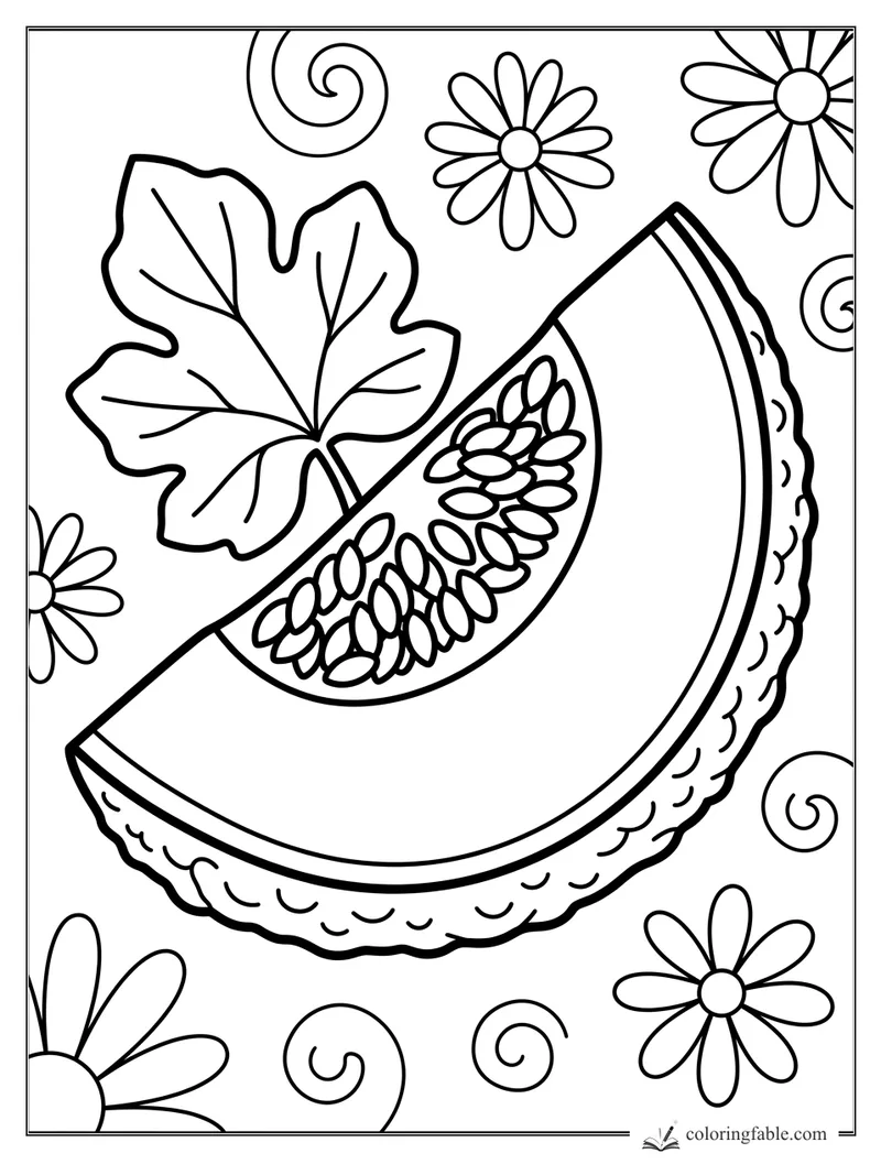 Bold cantaloupe slice coloring page with seeds, leafy stem, daisies, and swirl doodles.