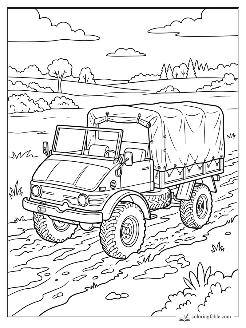 Canvas-covered off-road truck with big treaded tires driving along a muddy countryside trail