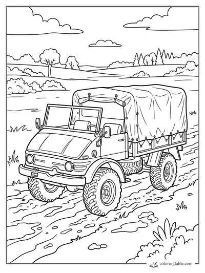 Canvas-covered off-road truck with big treaded tires driving along a muddy countryside trail