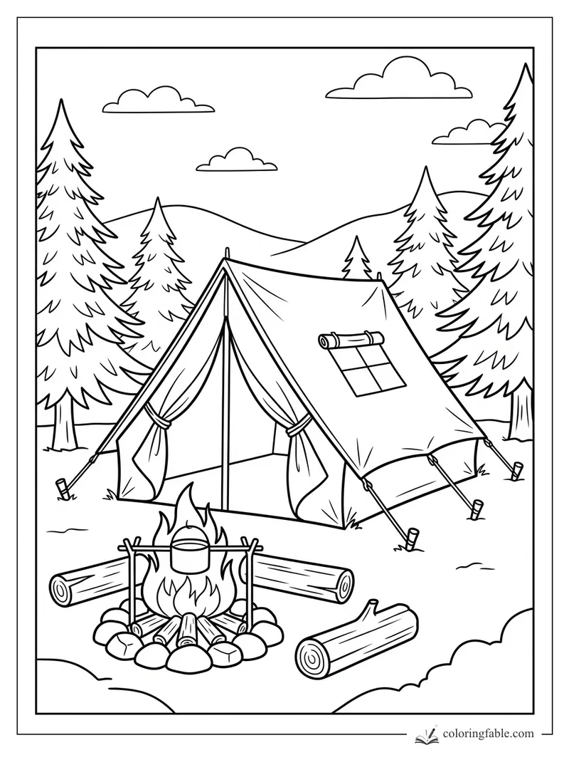 Camping coloring page with canvas tent, campfire pot, logs, pine trees, hills, clouds, and tent stakes