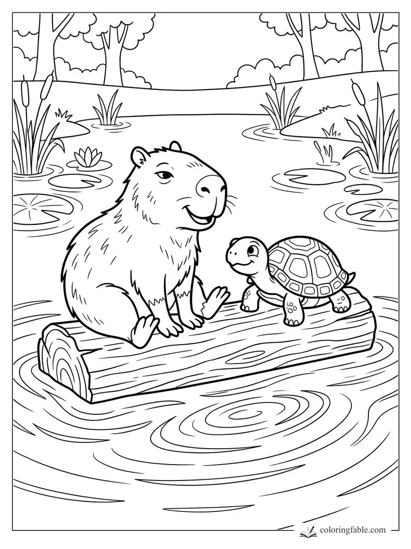 Cartoon capybara smiling with a turtle on a log in a lily pad marsh