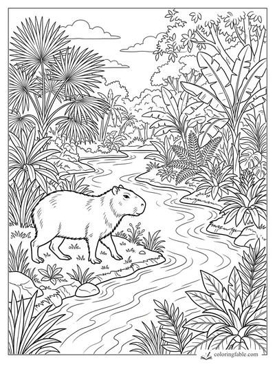 Capybara standing on a grassy bank beside a winding tropical river with palms and banana leaves.