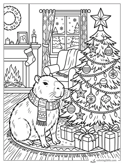 Capybara in a scarf beside a decorated Christmas tree, fireplace, gifts, armchair, and snowy window