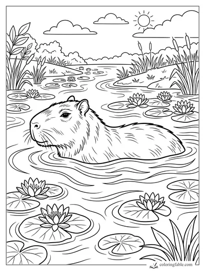 Capybara swimming in a lily pond with water lilies, reeds, cattails, clouds, and sun